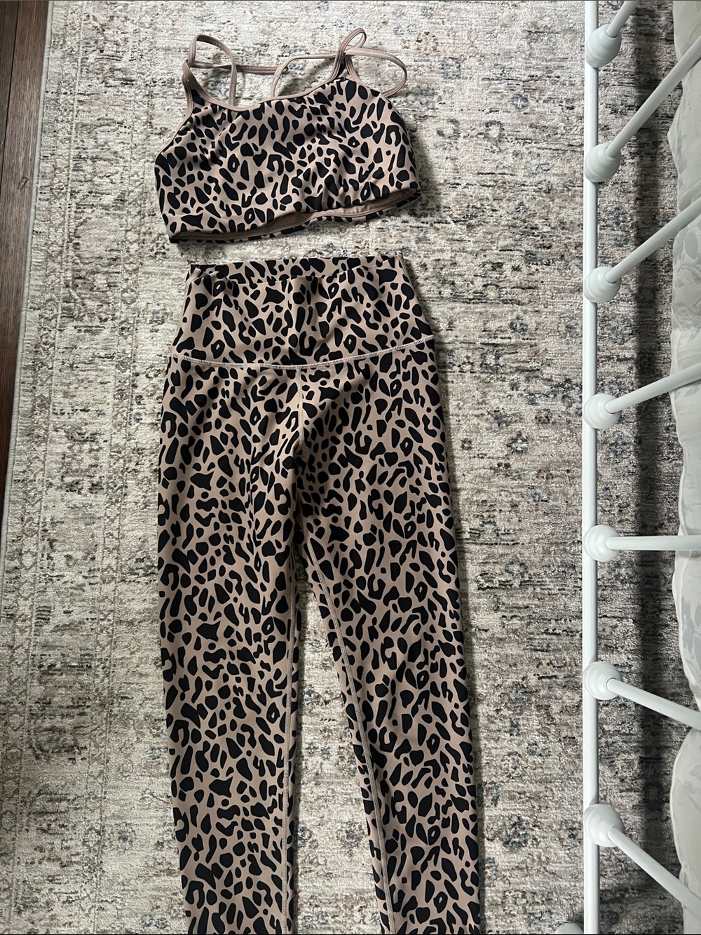 Aqua Leopard Print Sports Bra & Leggings Set in Tan and Black